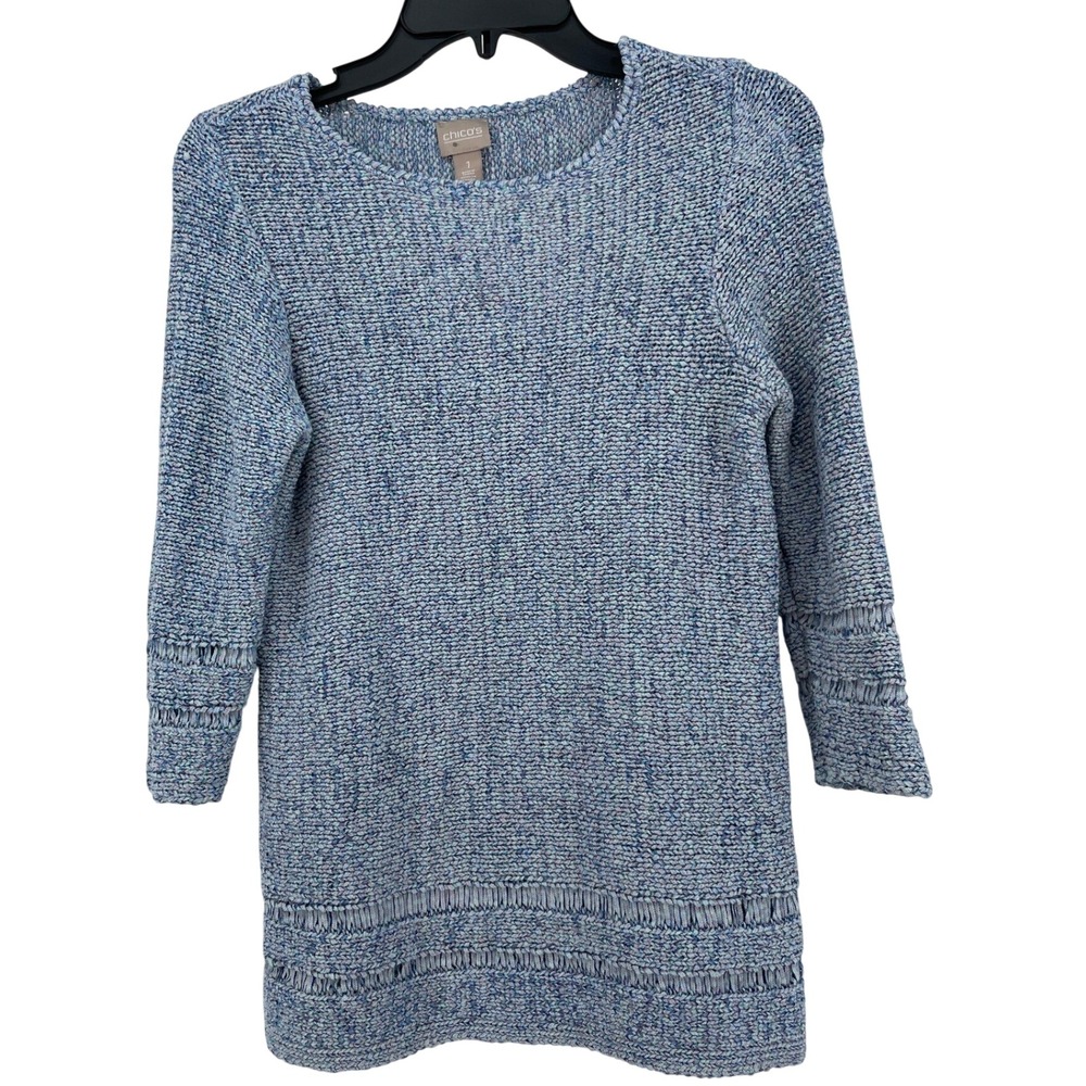 Chicos Blue Marled Knit Sweater Size 1 Small 3/4 Sleeve Open Detail Crew Neck